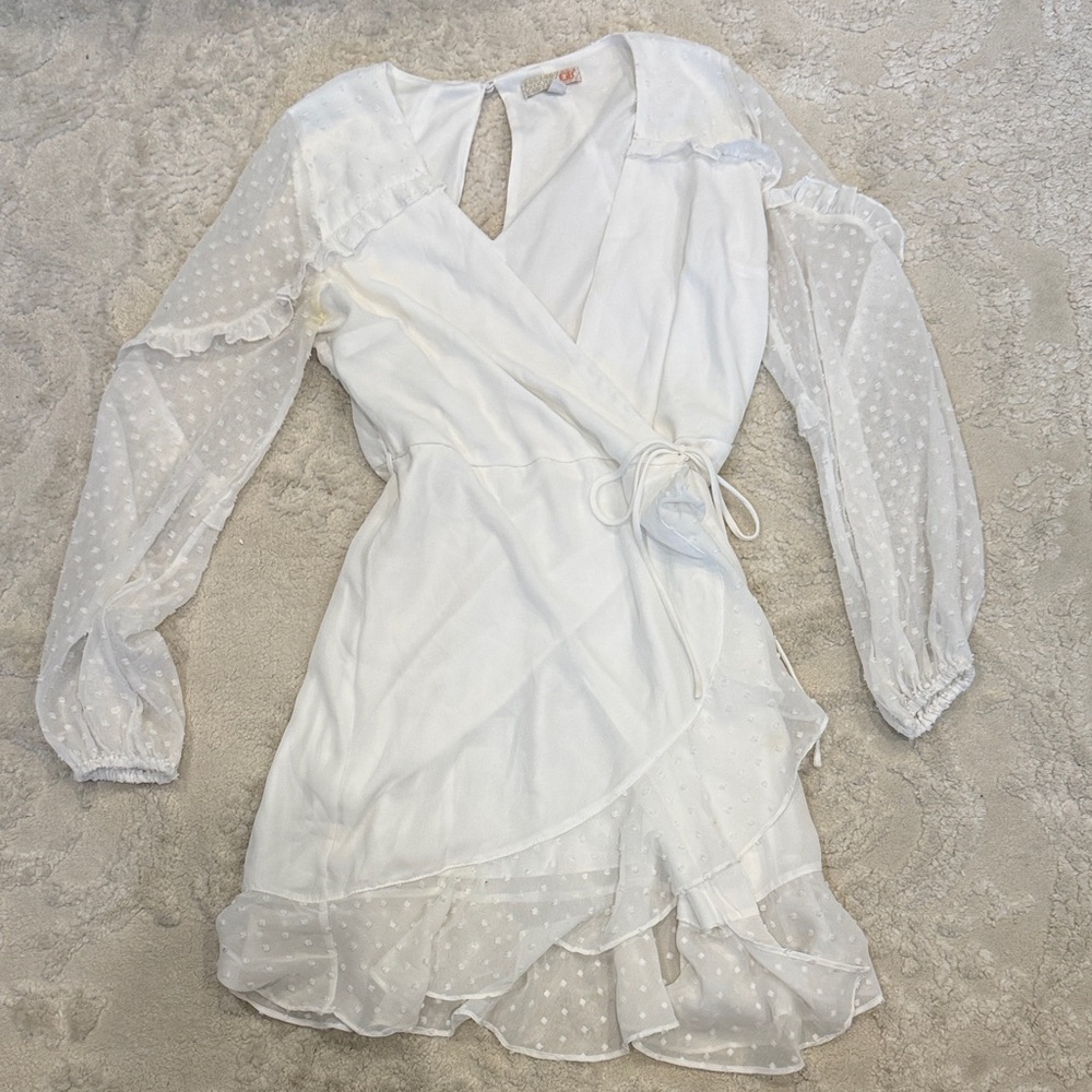 Gianni Bini White Wrap Long Sleeve Swiss Dot Mini Dress